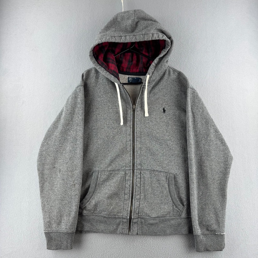 Vintage Polo Ralph Lauren Hoodie Mens 2XL Gray Flannel Lined Hood Full Zip Sweat